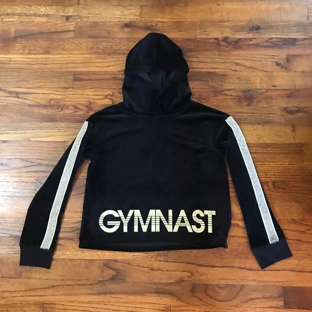 Girls Justice Active Gymnast Hooded Hoodie Blouse Top Black w/ Gold Graphics 10